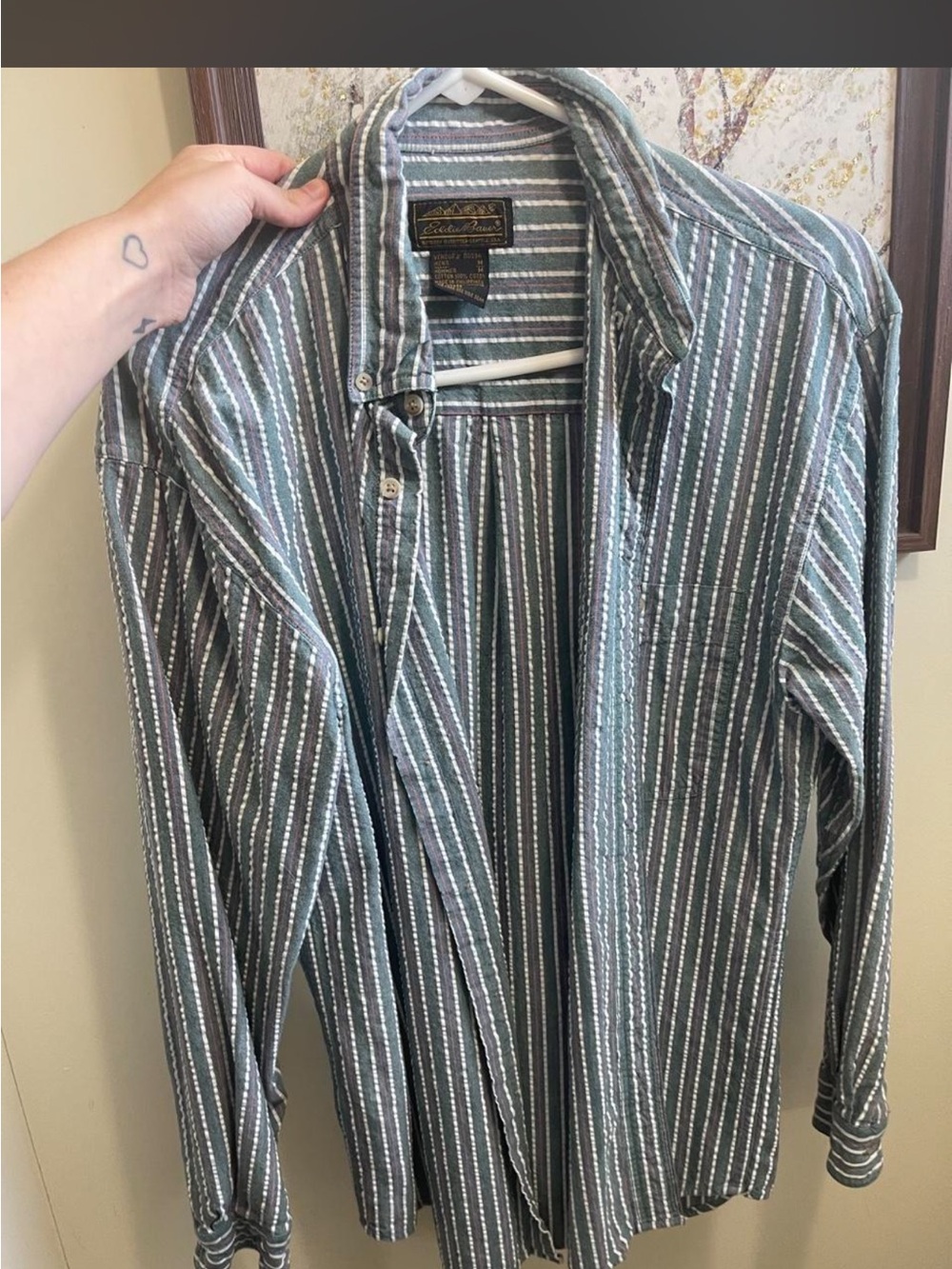 Eddie Bauer Men's Green and White Striped Button-Down Shirt